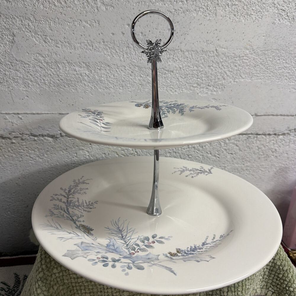 Pfaltzgraff Winter Frost 2 Tier Dessert Platter Holiday Serving Cake Cupcake